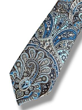 Silk Tie Burma Bibas Blue Paisley Mens 60” Long Designer Necktie Gray Brown